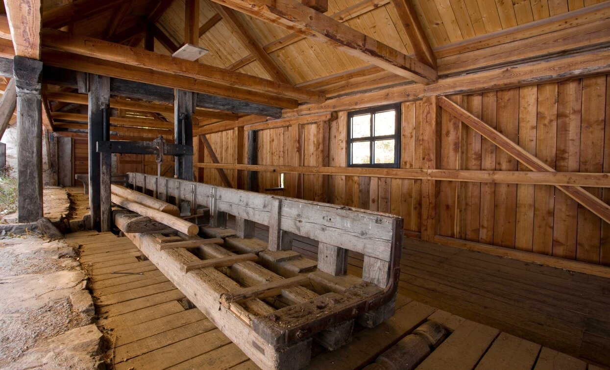 Il luogo di taglio all'interno della segheria veneziana | © Patrick Odorizzi, Rete di Riserve Val di Cembra Avisio Il luogo di taglio all'interno della segheria veneziana | © Patrick Odorizzi, Rete di Riserve Val di Cembra Avisio